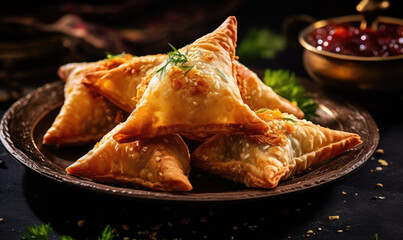 Wall Mural - Vegetarian samsa or samosas.Indian special traditional street food punjabi samosa