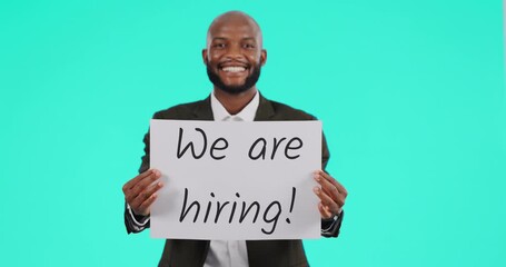 Poster - Business man, billboard and face in studio for human resources, opportunity and smile by blue background. African businessman, we are hiring and hr job for talent, startup and poster in portrait