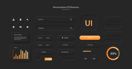 A set of user interface elements for a mobile application. A collection of icons for user interface development in black and orange. Buttons for mobile devices in the style of neumorphism, UI, UX.