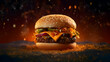 Tasty hamburger exposed on a fiery backdrop.