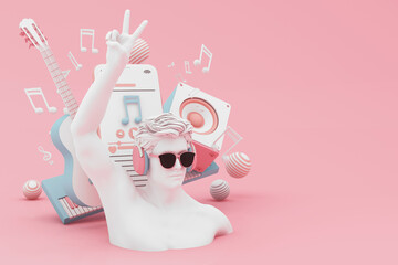 Headphones and smartphone with music notes floating on pink background surrounded by Speaker with musical instruments. concept of fun song or music festival with human head sculpture. 3d rendering