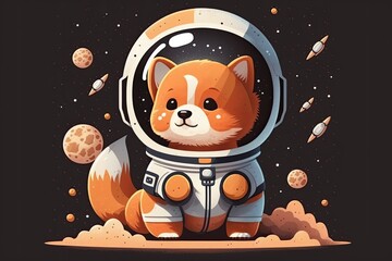 Wall Mural - red panda astronaut sitting on a planet surface. Generative AI