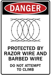 Canvas Print - Razor wire hazard warning sign and labels protected by barbed wire and razor wire. Do not attemp to climb