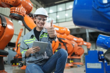 Wall Mural - Portrait of Female Automotive Industry 4.0 Engineer in Safety Uniform Using Laptop at Car Factory Facility. Assembly Plant. engineer working at automated AI robotic production factory..