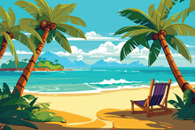 Hand Drawn Painting Of Beach With Palm Trees And Chair