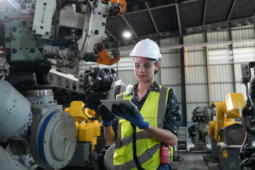 Wall Mural - Portrait of Female Automotive Industry 4.0 Engineer in Safety Uniform Using Laptop at Car Factory Facility. Assembly Plant. engineer working at automated AI robotic production factory..