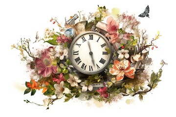 Aufkleber - spring concept. clock with flowers isolated on white background. Generated by AI.