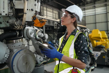 Wall Mural - Portrait of Female Automotive Industry 4.0 Engineer in Safety Uniform Using Laptop at Car Factory Facility. Assembly Plant. engineer working at automated AI robotic production factory..