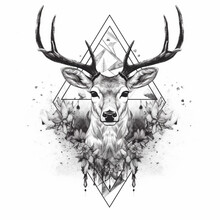Black And White Deer On The Background Of A Boho Style Triangle Motif, A Symbol Of Indigenous Indians From North America, Generative AI