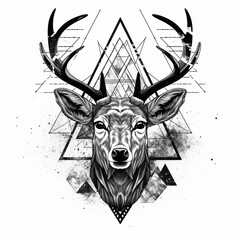 black and white deer on the background of a boho style triangle motif, a symbol of indigenous indians from north america, generative AI