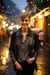 Beautiful woman short hair with a bright smile that lights up on night street. wearing a black jacket that contrasts beautifully. Sparkling lights, bokeh lights, blurred background. Generative ai