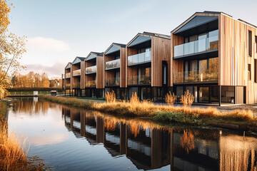 Modern and environmentally friendly apartment buildings built over water. AI generativ.