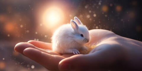 enchanting close-up of man's hands cradling tiny, fluffy bunny with captivating holographic light sw