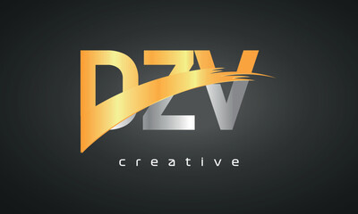 DZV Letters Logo Design with Creative Intersected and Cutted golden color