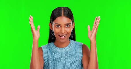 Sticker - Face, green screen and woman with a surprise, mind blown and announcement against a studio background. Portrait, female person and model shocked, news and wow with expression, ideas and explosion