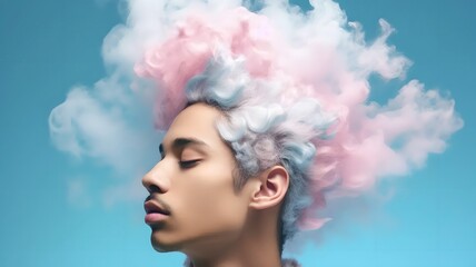 A Latino man dreams of closing his eyes head in a pink pastel cloud, the concept of mental health and psyche. Generated AI.
