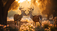 Two Fallow Deer With Antlers In The Morning Light Wildlife Scene From Nature AI Generative