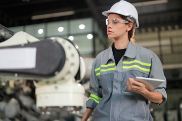 Wall Mural - Female Automotive Engineer Wearing Hard Hat, Standing, Using Laptop. Monitoring, Control, Equipment Production. Automated Robot Arm Assembly Line Manufacturing Electric Vehicle