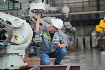 Wall Mural - Female Automotive Engineer Wearing Hard Hat, Standing, Using Laptop. Monitoring, Control, Equipment Production. Automated Robot Arm Assembly Line Manufacturing Electric Vehicle