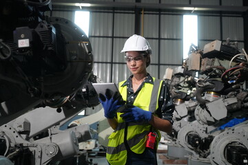 Wall Mural - Female Automotive Engineer Wearing Hard Hat, Standing, Using Laptop. Monitoring, Control, Equipment Production. Automated Robot Arm Assembly Line Manufacturing Electric Vehicle