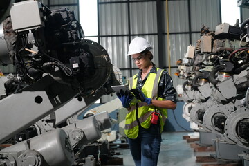 Wall Mural - Female Automotive Engineer Wearing Hard Hat, Standing, Using Laptop. Monitoring, Control, Equipment Production. Automated Robot Arm Assembly Line Manufacturing Electric Vehicle