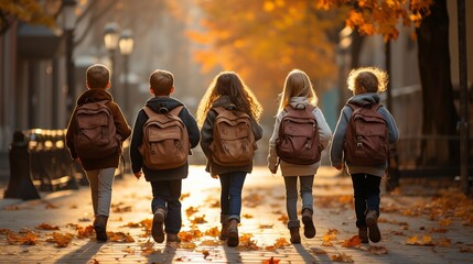 Back view of a group of elementary school students running to school