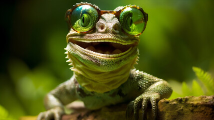 green wildlife scale close-up portrait animal reptile glasses iguana lizard. generative ai.