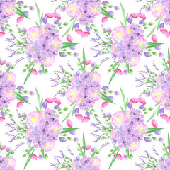  Abstract flowers. Hand drawn watercolor bouquet seamless pattern isolated on white background. Can be used for textile, wrapping, fabric.