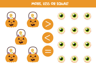 More, less or equal with cartoon Halloween lantern and spooky eyes.