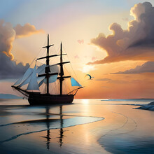 Sailing Ship At Sunset