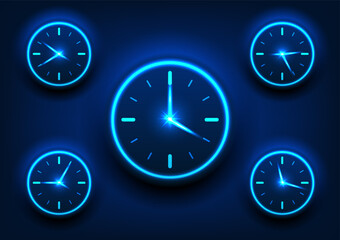 Fototapete - technology background of multiple watch used to tell time dial clock that shines blue on a dark blue