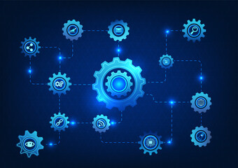 Fototapete - Cog technology background Multiple sizes with technical icons It conveys the propulsion of technology, helping the development of science, industry, and new businesses. Let the economy and people grow