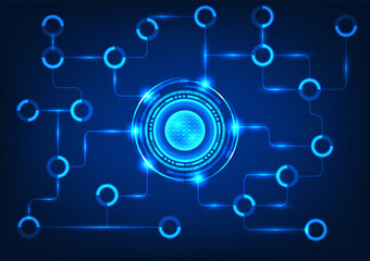 Fototapete - Data processor technology with technology circle with connection circuit The concept of receiving data and processing it forwards to other systems to work.