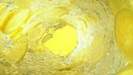 Fototapete - Super Slow Motion of Water Wave with Lemon Slices. Water Surf Wave Rotating Around in Creating Tunnel Shape. Filmed on high speed cinema camera, 1000 fps.