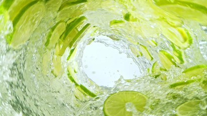Poster - Super Slow Motion of Water Wave with Lime Slices. Water Surf Wave Rotating Around in Creating Tunnel Shape. Filmed on high speed cinema camera, 1000 fps.