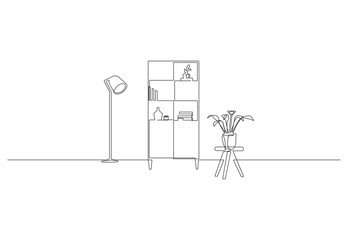 Continuous one line drawing of cabinet and floor lamp and potted plant. Living room interior in loft apartment. Modern furniture in simple Linear style vector illustration. Premier vector. 