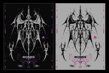 Wall Mural - Modern poster in gothic style. Gothcore print, 3D abstract symmetrical spikes with bones. Dark print for t-shirt, hoodie and sweatshirt