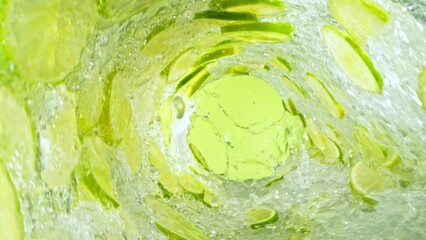 Aufkleber - Super Slow Motion of Water Wave with Lime Slices. Water Surf Wave Rotating Around in Creating Tunnel Shape. Filmed on high speed cinema camera, 1000 fps. Speed Ramp Effect.