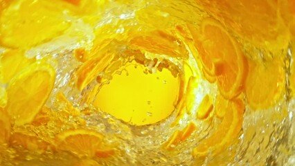 Poster - Super Slow Motion of Water Wave with Orange Slices. Water Surf Wave Rotating Around in Creating Tunnel Shape. Filmed on high speed cinema camera, 1000 fps.