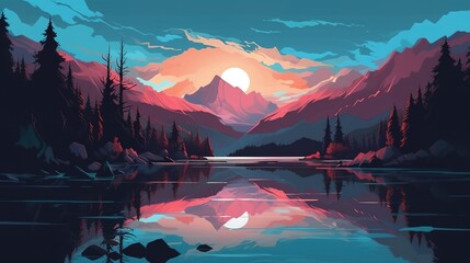 Wall Mural - a picture depicting an alpine lake lit up by the setting sun
