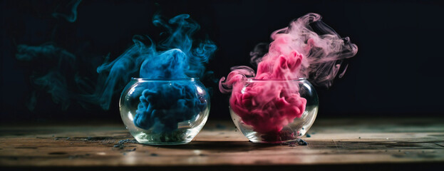 two balls of pink and blue smoke in front of a dark background