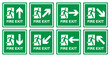 Round stickers indicating the direction of the fire exit. Emergency exit and action in case of fire. EPS 10.