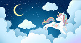 Cute unicorn jumps on fluffy clouds in the night sky