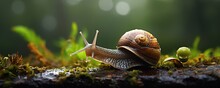 Snail Crawling On Plants With Rain And Green Background