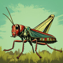 Illustration Of A Green Grasshopper In Retro Style