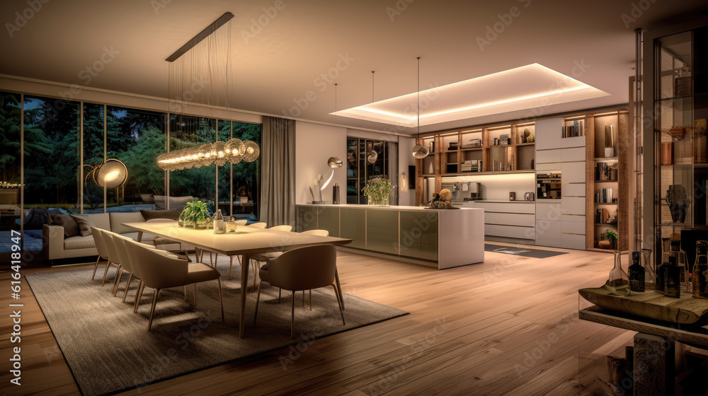 Generative ai illustration of a dining room and open plan kitchen by ...