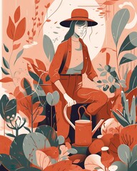 Modern woman spending time at greenhouse or home garden with plants growing in pots. Trendy vector illustration in flat cartoon style.