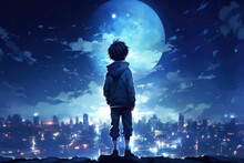 Photo Anime Boy Looking At The Moon In The City Night