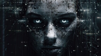 robot mechanic face with neural link intelligence, big data. cyberpunk, android robot bionic. artifi