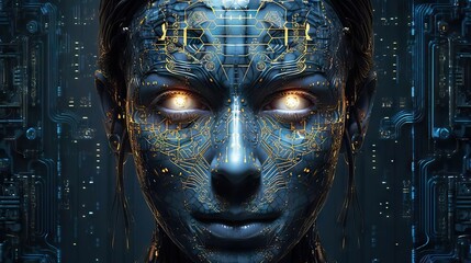 robot mechanic face with neural link intelligence, big data. cyberpunk, android robot bionic. artifi